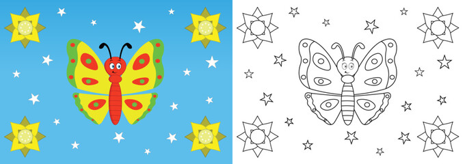 Cute cartoon butterfly coloring page with line art vector illustration