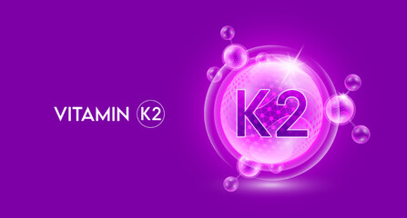 Vitamin K2 and bubble atom molecule collagen serum chemical formula shield protection skin. Skincare anti age nutrition supplement multivitamin complex. On purple background. 3D vector. - obrazy, fototapety, plakaty