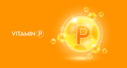 Fototapeta premium Vitamin P and bubble atom molecule collagen serum chemical formula shield protection skin. Skincare anti age nutrition supplement multivitamin complex. On orange background. 3D vector.