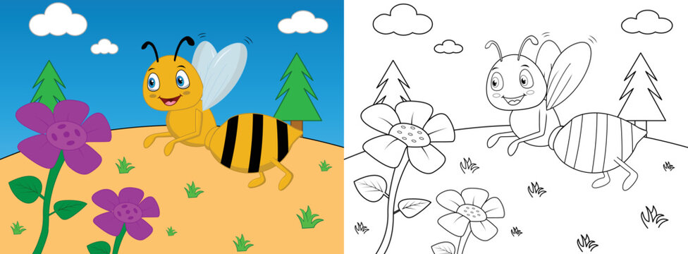 Cute cartoon bee coloring page with line art vector illustration