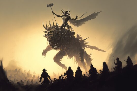 Dragon warriors cheer for the victory. Fantasy scenery. Generative AI