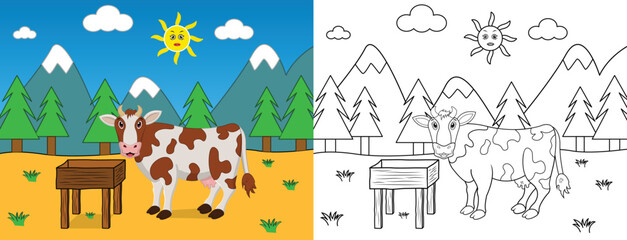 Cute cartoon cow coloring page with line art vector illustration