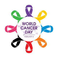 World Cancer Day on February 4 icon vector. Awareness cancer ribbons various colours vector isolated on a white background. Awareness ribbon circle frame icon. Important day