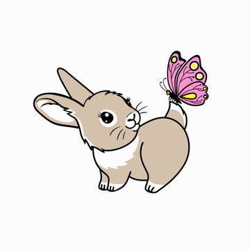 Cute cartoon rabbit with butterfly on tail . Happy Easter Card. Spring  design.