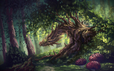 Wood dragon fantasy landscape digital illustration © Andres