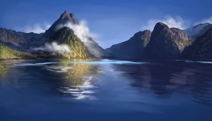 Milford sound New Zealand digital illustration landscape