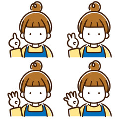 １２３４の指ポーズをするお団子頭の女性のシンプルな上半身イラストセット