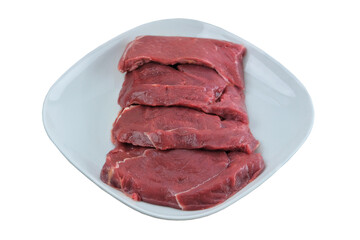 Beef steaks in plate isolated in white background. Raw meat for cooking.