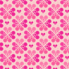 Seamless pattern with pink flowers and hearts and small dots isolated on pink. childish background