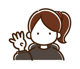 指で4を表すカジュアルなポニーテールの女性の上半身イラスト