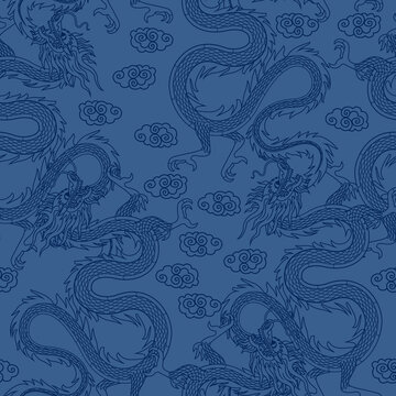 Blue Chinese Dragon seamless background for fabrics, textiles, packaging and wallpaper. Vector illustration.