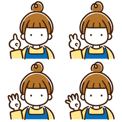 １２３４の指ポーズをするお団子頭の女性のシンプルな上半身イラストセット