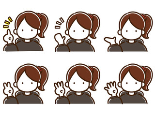 色々なポーズをするカジュアルなポニーテールの女性のシンプルな上半身イラストセット
