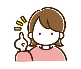 人差し指を立ててポイントを説明するシンプルな女性の上半身イラスト