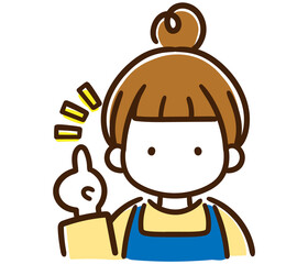 人差し指を立ててポイントを説明するカジュアルなお団子頭の女性の上半身イラスト