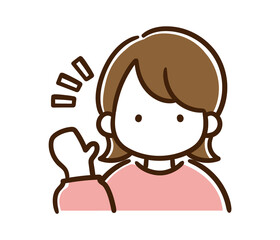 右手を挙げて挨拶をするシンプルな女性の上半身イラスト