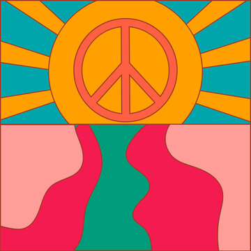 Icon, sticker in hippie style with landscape with sun and peace sign in retro colors.