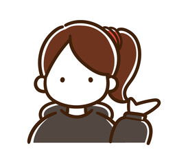 右側を示して案内するカジュアルなポニーテールの若い女性の上半身イラスト
