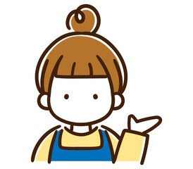 
左側を示して案内するおしゃれなお団子頭の若い女性の上半身イラスト
