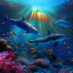 dolphins underwater, seascape background with clear water and sunshine