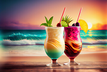 Summer set of coctails drinks by the sea