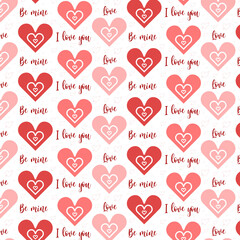 Typographic style seamless repeat pattern. Hand lettered text in pink and white, hand drawn heart in pastel pink. Valentine's Day greeting card template, poster, wrapping paper.