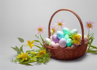 Happy Easter.  Basket with easter eggs. Easter greeting background.
