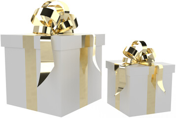 3d rendered illustration of a gift boxes with gold ribbons and bows.
