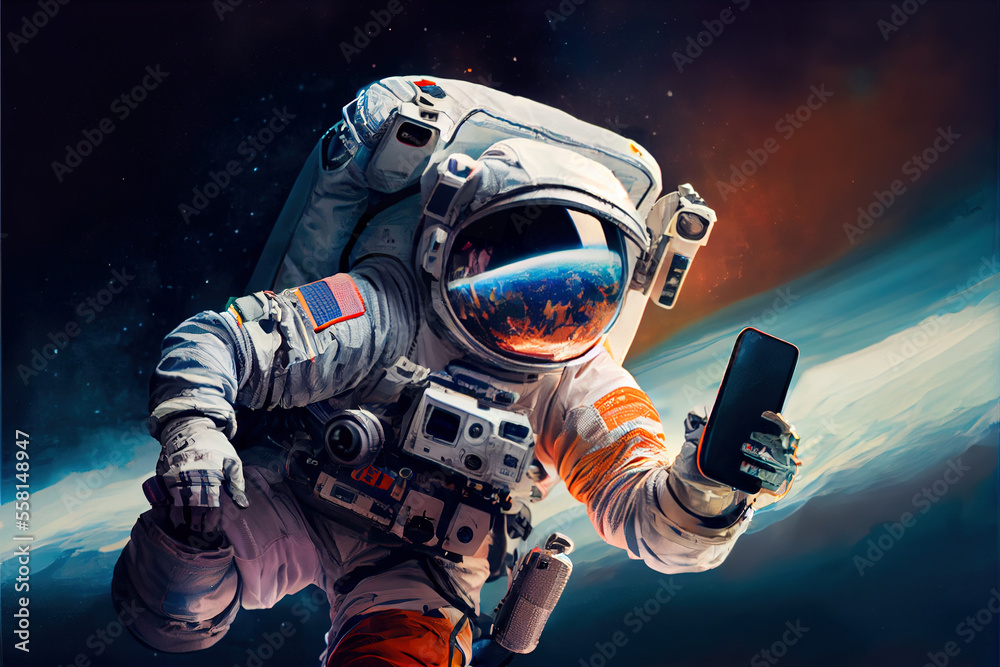 Wall mural picture of astronaut with mobile phone - man or woman in suit with helmet