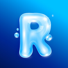 Water alphabet letter R. Font type uppercase letters isolated on blue background. Used for graphic design work. 3D Vector EPS10 illustration.
