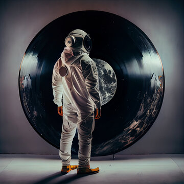 Picture of astronaut - man or woman in suit with helmet, in front of iluminator