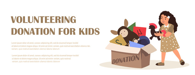Landing Page Template Action for Kids.Children help Children.Girl Take Free Toys from Donation Box,Children Social Support and Assistance Concept.Humanitarian Aid to Poor Kids.Flat Vector Illustration - obrazy, fototapety, plakaty