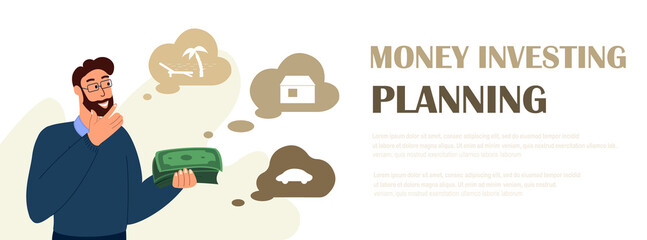 Landing Page Template.Financial concept of budget planning.Man thinking about diversification,money expenses distribution.Assets allocation,savings,finance management.Flat vector.White background