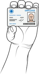 Hand holding up an employee ID card with a photograph.