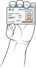 Hand holding up a driver's license with a photograph.