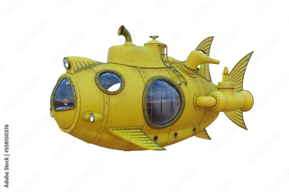 Poster steampunk concept yellow fish shaped submarine. isolated 3d rendering.