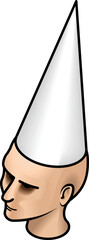 Woman's head with a white dunce cap.