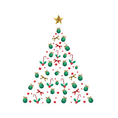 Vector Christmas Tree Made of Christmas Tree Decorations Isolated on White Background. 3d Holiday Hanging Elements. Candy Canes, Satin Ribbon Bows, Holly Berries and Berries. 3D Star on the tree's top