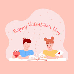 Valentine's Day postcard design with kids boy and girl presenting gifts