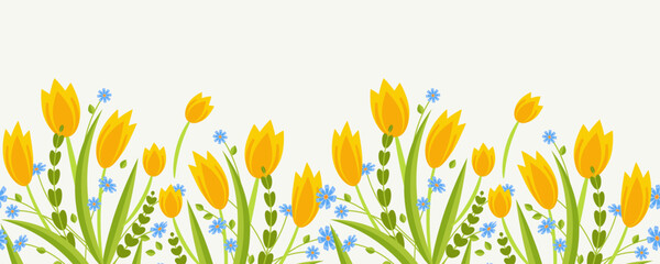 Floral border. Spring seamless pattern. Cute horizontal banner with blooming tulips. Vector illustration on white background - obrazy, fototapety, plakaty