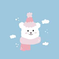 Cute soft vector illustration of polar bear in hat and scarf on blue background. Winter kawaii postcard. New Year's Christmas gentle children's illustration