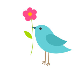 Cute blue bird with a flower. Romantic illustration.