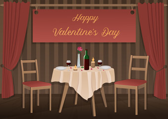 Vector illustration of a room on the theme Valentine's Day. Festive table
