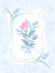 Vintage greeting card with blooming flower buds. Bouquet of roses, wildflowers with a blue bow in the center of the card. Located in a frame on a decorated background of transparent leaves. Vector
