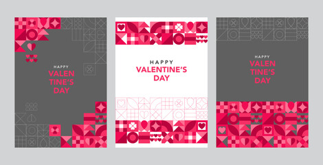 Valentine's day concept posters set. Vector illustration. Flat red and pink geometric with frame background. Cute love sale banners or greeting cards