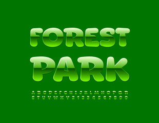 Vector eco emblem Forest Park. Glossy Green Alphabet Letters and Numbers set. Bright funny Font