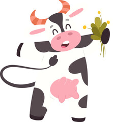 Funny white and black cow with grass flat icon