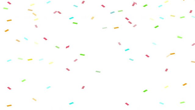 Animated falling confetti pattern on white background. Colorful paper cuts, sprinkles or sweet sugar decorations background. Motion Confetti pattern for birthday, party celebration or for any concept.
