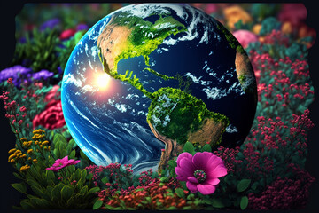 beautiful planet earth made of flowers and sprouting plants, save the planet, planet day, the world inside the globe, renew, generative ai