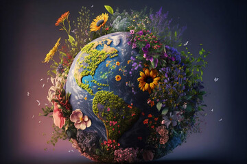 Obraz na płótnie Canvas beautiful planet earth made of flowers and sprouting plants, save the planet, planet day, the world inside the globe, renew, generative ai